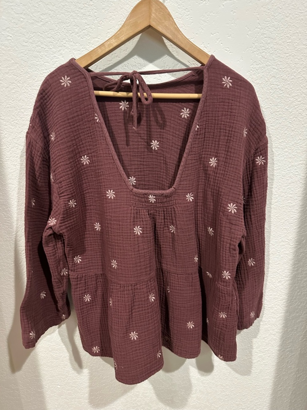 Madewell Mauve Floral Embroidered Gauze Peasant Top 100% Cotton